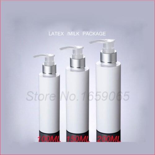 100/150/200G PET plastic bottle White flat shoulder matt silver cap emulsion pressure pump empty makeup cosmetic container