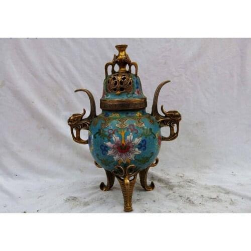 12" China Cloisonne bronze gild carved Six elephant censer Incense Burner Statue