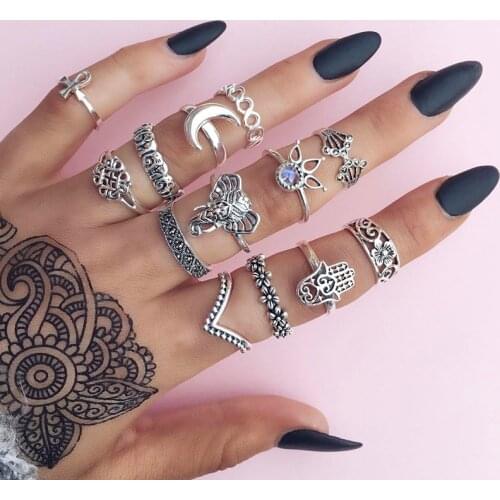 13 Pcs/Set Bohemian Jewelry Elephant Hollow Flowers Fatima Palm Crystal Ring Set Women Fashion Gifts Accessories