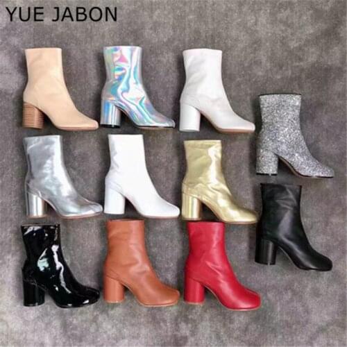 2021 Split Toe Ankle Boots For Women Print flower Round Chunky high heels Short Boots T Show Shoes Ninja Boots Tide Knight Boots