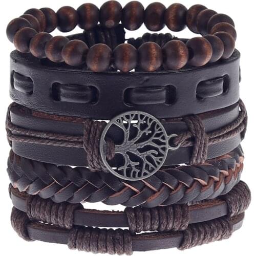 5PCS/Set Handmade Weave Vintage Boho Hippie Brown Black Leather Charm Life Tree Layers Bracelets Bangle Unisex Jewelry