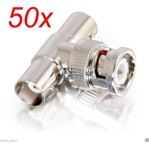 50pcs BNC 1 Male To 2 Female M/F T Type Splitter CCTV Cameras Connectors Adapter