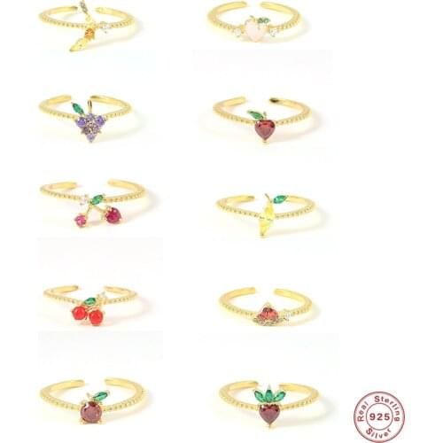 Aide 925 Sterling Silver Colored Crystal Fruit Charm Series Resizable Rings For Women Summer Collection Apple Cherry Rings Gift