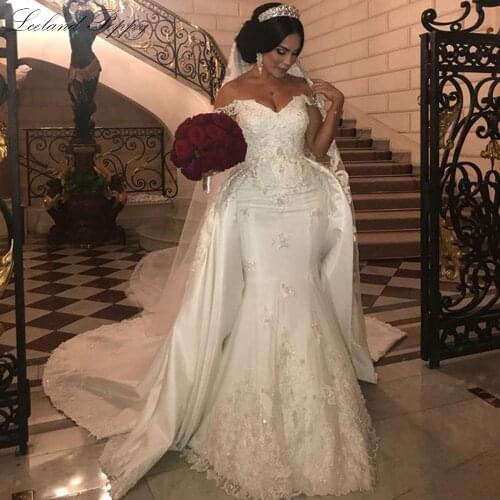Lceland Poppy Mermaid Wedding Dresses 2020 Plus Size Off the Shoulder Lace Appliques Floor Length Satin Beaded Bridal Dress