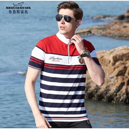 Bruce Shark New Summer Mens Polo Shirt Casual Business Style Mens Short Sleeve POLO Male Polo Soften Cotton Striped plus 4XL