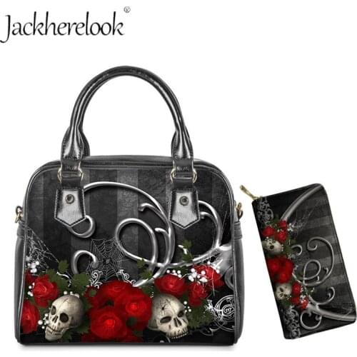 Jackherelook Gothic Rose Flowers Pattern Womens Soft Crossbody Handle Tops Handbag Casual Wallets Set Lady Daily Tote Bolsa