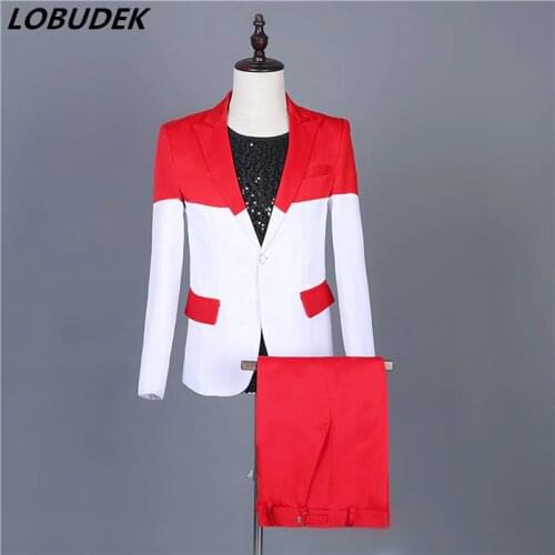 Red-White Stitching Blazers Set One Button Slim Fit Tuxedo Suit Mens Wedding Groomsmen Dress Singer Group Performance Costumes