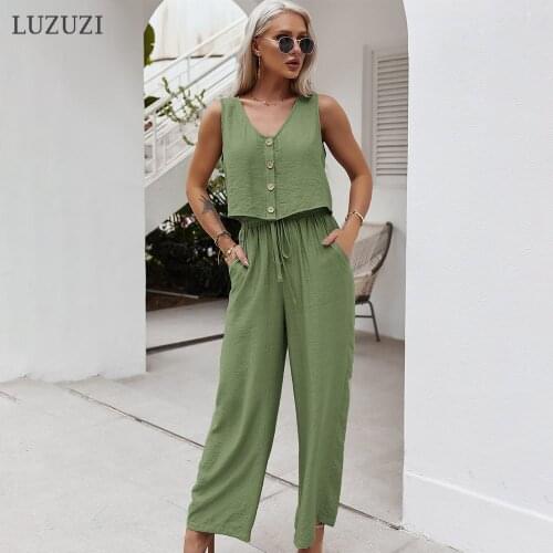 LUZUZI2021 Spring Summer Casual Two Pieces Set Women Sexy Short Vest Top and Wid Leg Pant Suits Solid Color Tracksuit Home Wear