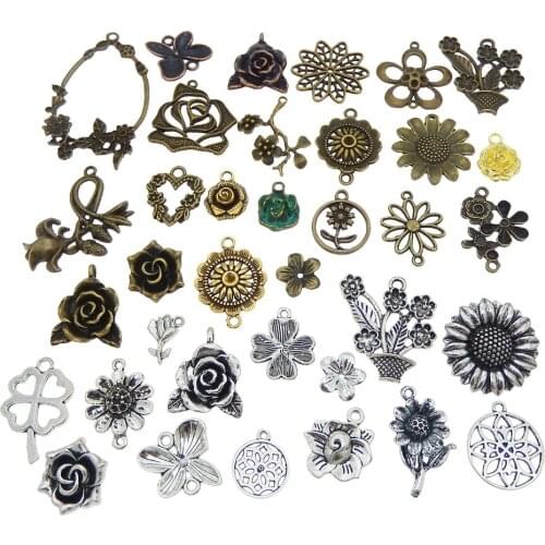 GraceAngie 10pcs/lot Mixed Antique Bronze Rose Flower Charms Pendants for Bracelet Necklace Randomly DIY Finding 5-60mm