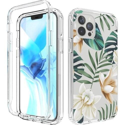 2 in 1 Flower Leaves Transparent Bumper Shockproof Phone Case For iPhone 11 12 Pro Max XR XS Max X 7 8 Plus Silicone Hard Cover