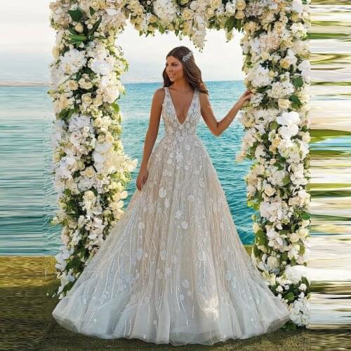 Sexy Beach Floral Wedding Dresses Deep V Neck Sleeveless A Line Puffy Wedding Gowns For Bridal In Duabi Plus Size Custom Made