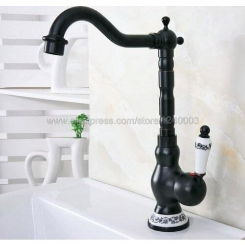 Kitchen Faucets Single Holder Single Hole Kitchen Sink Faucet Swivel Spout Ceramic Handle Black Brass Mixer Water Taps Knf657