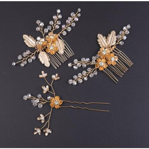 Vintage 3PCS Golden Hair comb and Haipins Set Women Headpieces Wedding Hair Ornaments for Bride Headwear Hair Clips
