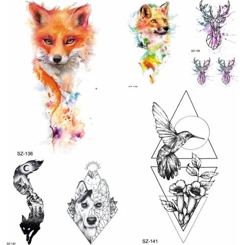 YURAN Women Body Art Fox Tattoo Stickers Temporary Tattoo Girls Flash Fox Waterproof Tatoo Men Geometric Birds Sexy Tattoo Arm