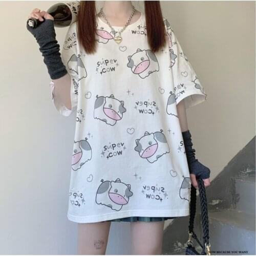 Cute Hip Hop Women Cow Print T-Shirt Loose Summer Oversize Female Tops Tees Funny Japan Harajuku High Street T Shirt Femme