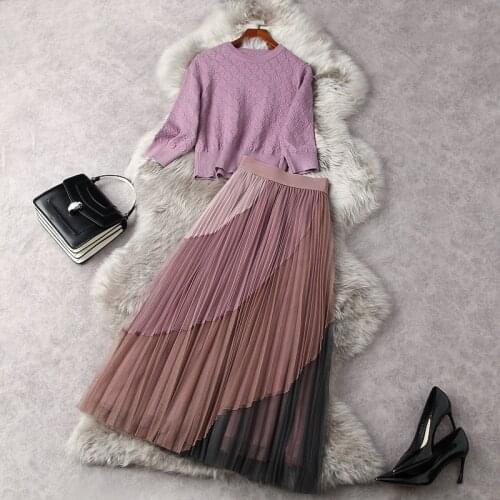 2021 spring women elegant slim skirt set o-neck knitted short top + patchwork pleated long mesh skirt 2 pieces set Y371