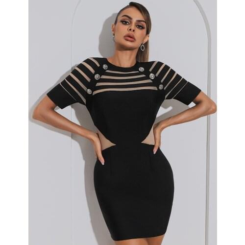 Women Summer Ladies Chic Sexy Short Sleeve Button Mesh Black Mini Bodycon Bandage Dress 2021 Elegant Evening Party Club Dress