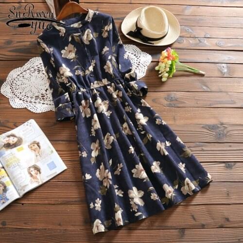 2021 New Vintage Spring Autumn Casual Floral Knee Length Printed Dresses Women Vestidos Women Long Sleeve Corduroy Dress 7426 50