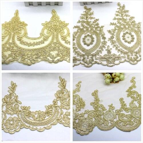 Gold Embroidered Lace Fabric For Wedding Dress Diy Apparel Appliqued Champagne Gold Lace Trims Scalloped Bridal Sashes 13CM-32CM