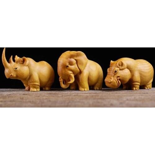 1set Rhinoceros, Elephant, Hippopotamus, African Animal Statue, Boxwood Carving, Handmade Figurines Animal Ornaments Collection