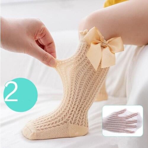 2 Pairs Baby Toddlers Girls Socks Breathable Mesh Cotton Socks Newborn 3/4 Knee High Spanish Style Bowknot Socks for Girls