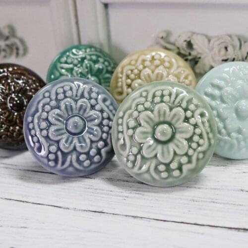 4pcs Retro Vintage Round Ceramics Drawer Knob Handle Cabinet Cupboard Door Pull Decor kid room blossom Relief Handle Knobs