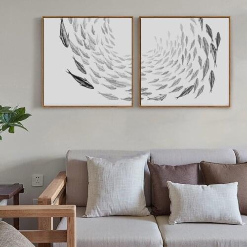 Abstract Ink Landscape Animal Shoal Fish Combination Murals Canvas Painting Wall Picture Printing Poster Living Room Decoration