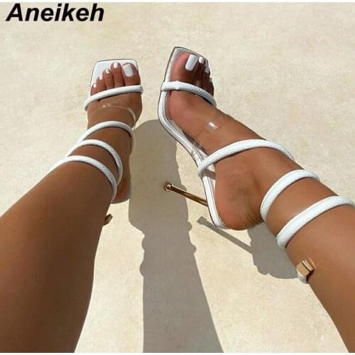 Aneikeh 2021 Summer Narrow Band SPIRAL Women Shoes Sandalias De Las Mujeres Fashion Casual PU Squared Toe Thin Heels Size 35-41