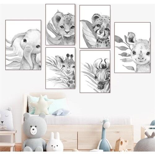 Black White Animal Painting Nursery Art Print Zebra Giraffe Elephant Wall Art Canvas Poster Nordic Wall Pictures Kids Room Decor