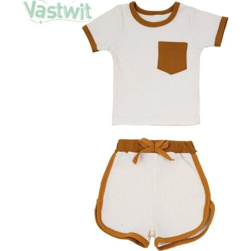 Baby Cotton Kintting Ribbed Clothing Sets Kids Boys Girls Summer Loose Tracksuit Casual T-shirt Tops+Shorts 2PCS Sets Clothes