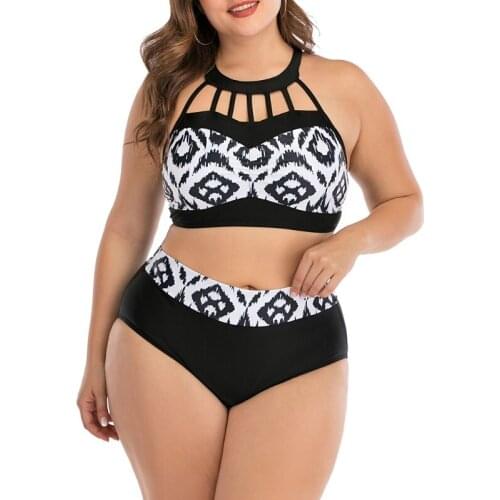 Women Plus Size 2pcs Bikini Set Halter Hollow Out Strappy Push Up Swimsuit High Waist Leopard Rhombus Print Bathing Suit