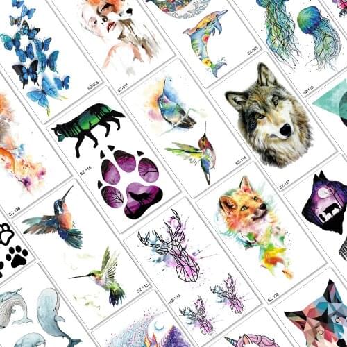 Qucious Watercolor Animal Temporary Tattoos Fake Body Art Arm Legs Tattoos Paper Waterpoof Realistic Sheets Sticker For Adult