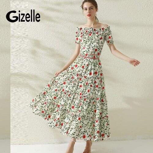 Gizelle Runway Fashion Floral Print Slash Neckline A Line Party Dinner Dresses Elegant Princess Summer Long Elbise Zaful Robes