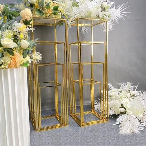 New Metal Iron Shiny Golded Geometric Shelf Wedding Fake Flower Centerpiece Stand Frame+Gilded/Acrylic Plate Festive Party Props