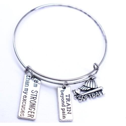 Custom Dangle Charms Accept Metal Wire Bangle Bracelets With I Heart Softball Train Beyond I Am Stronger Than My Excuse Pendants