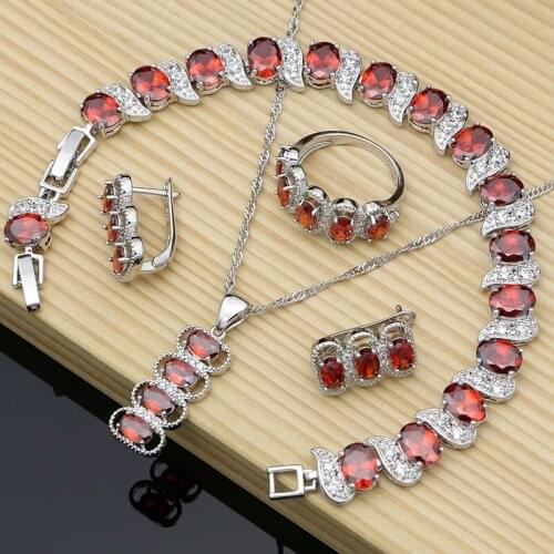 Bridal Jewelry Sets Red Cubic Zirconia 925 Sterling Silver for Women Earring Ring Dropshipping Necklace Set Fashion Gift Jewelry
