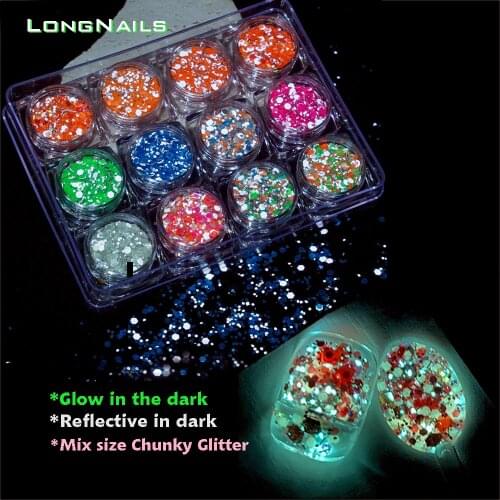 12Jars/kit Bar Disco Chunky Glitter Glow in the Dark 12*9.5cm Reflective Sparkling DJ Nail Sequin Nail Luminous Glitter 2021.8A