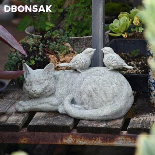 Outdoor Kitten Bird Ornaments Resin Lazy Grey Cat Figurines Decoration Garden Villa Lawn Landscape Animal Crafts Sculpture Decor