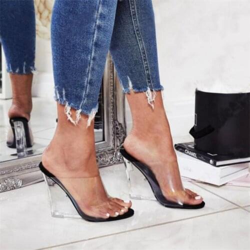 Sexy 2 Colors Transparent Crystal Womens Slippers 2020 Wedge Heel Shoes Slides High Heels Women Shoes Fashion Wedge Sandals