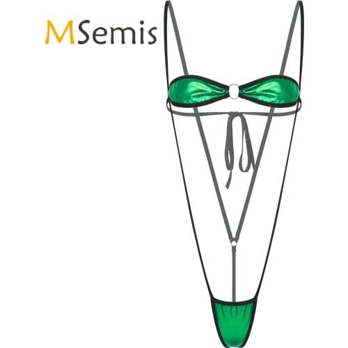 Womens Bikini Swimsuit Metallic Patent Leather Lingerie Suit Swimwear Summer Beachwear Lace-up Bra with G-string Thongs Briefs