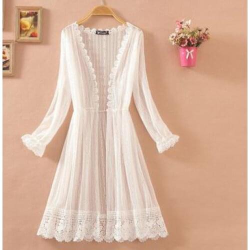 Three Quarter Flare Sleeve Solid Long Coat Fashion Lace Patchwork Summer Outerwear Women New 2020 Elegant Ladies Casual Thin Top