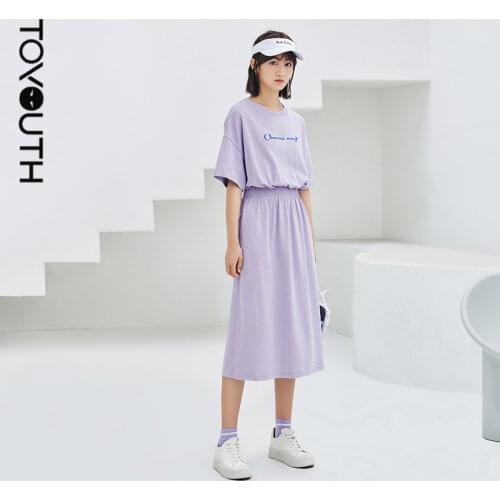 Toyouth Women Dresses 2021 Summer H Line Round Neck Elastic High Waist Letter Heart Print Light Purple Casual Dress