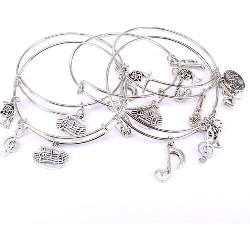 10 Pcs Bangle Set Wholesale Musical Instrument Note Charm Bracelets 4 Color Adjustable Wire Bangles for Women Cuff Jewelry A015