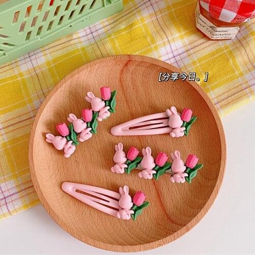 2pcs/lot Ins Cartoon Rabbit With Flowers Hairclip for girls Cute Glittering BB Girls Hairclips