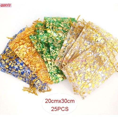 25Pcs 20x30cm Rose Pattern Organza Jewelry Packaging Bag Christmas Gift Pouches Wedding Party Candy Bags 6ZSH337
