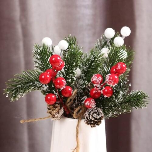 5pcs Christmas Ornament Fake Snow Frost Pine Branch Cone Berry Holly DIY Xmas Tree Bouquet Decoration Supplies Home Party Decor