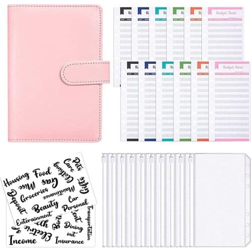 A6 PU Leather Notebook Binder Budget, 6 Ring Binder Cash Budget Envelopes System, 12 Pieces Expense Budget Sticker