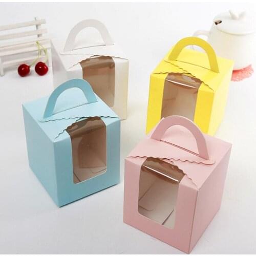 Free shipping single cupcake boxes with window with handle macaron box mousse cake box 4 colors LX7444