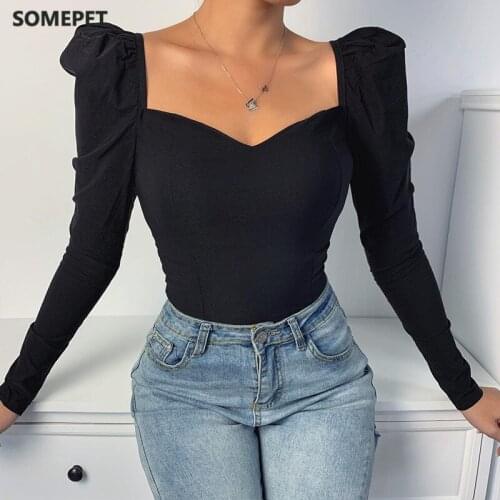 Elegant Square Collar Women Autumn Shirts Solid Color Puff Sleeve Slim Blouses Tops Sexy V-neck Long Sleeve Shirt