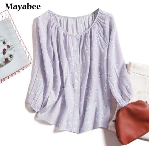 Clean Purple Small Floral French Designer Long-Sleeved Button Women Silk T-Shirt 2021 Spring New